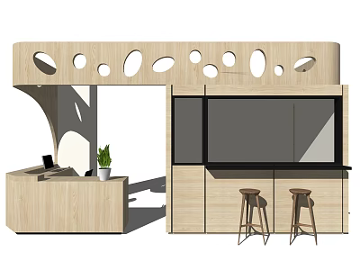 Modern Wooden Reception Desk With Circular Cutouts Bar Stools And Potted Plant Interior Design 3d model