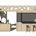 Modern Wooden Reception Desk With Circular Cutouts Bar Stools And Potted Plant Interior Design
