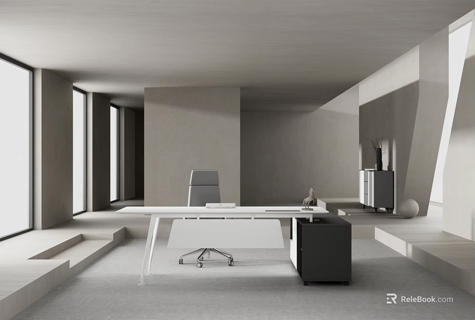 Modern Minimalist Office Desk With White Surface Black Chair And Large Windows 3d model 