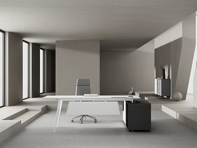 Modern Minimalist Office Desk With White Surface Black Chair And Large Windows 3d model
