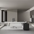 Modern Minimalist Office Desk With White Surface Black Chair And Large Windows