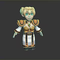 Cartoon Style 3D Character With Blonde Hair Green Eyes White Robe Gold Orange Accents