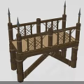 Ancient Wooden Architectural Structure Featuring Spired Railings Latticed Panels And Columns