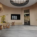 Traditional Asian Interior With Wooden Ceiling Skylight Landscape Panels Tea Table And Potted Trees
