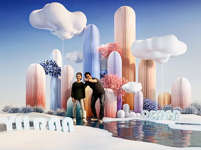 Stunning Photo Check in Spot With White Clouds Colorful Pillars And Water Surface 3d model