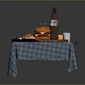 Hamburger And Sandwich With Coca-Cola Coffee On Wooden Tray Plaid Tablecloth