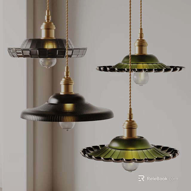 Elegant Black And Green Pendant Lights With Golden Metal Bases Umbrella Shaped Shades Decorative Edges 3d model 
