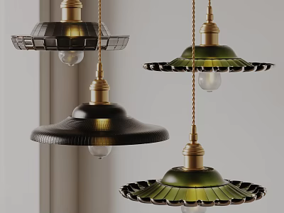 Elegant Black And Green Pendant Lights With Golden Metal Bases Umbrella Shaped Shades Decorative Edges 3d model