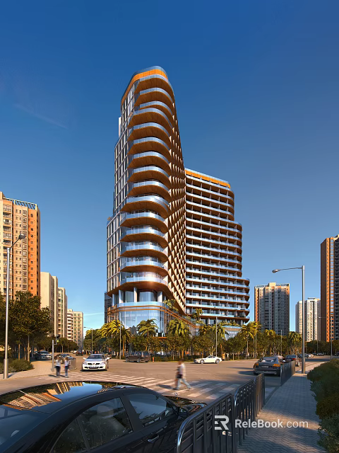 Modern Spiral Exterior Office Building With Glass Curtain Wall In Urban Setting With Palm Trees 3d model 