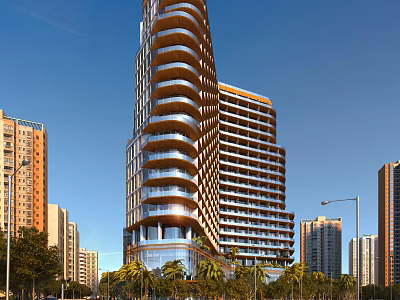 Modern Spiral Exterior Office Building With Glass Curtain Wall In Urban Setting With Palm Trees 3d model