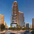 Modern Spiral Exterior Office Building With Glass Curtain Wall In Urban Setting With Palm Trees