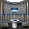 Circular Office Booth With Wooden Frame Table And Chairs And Digital Screen