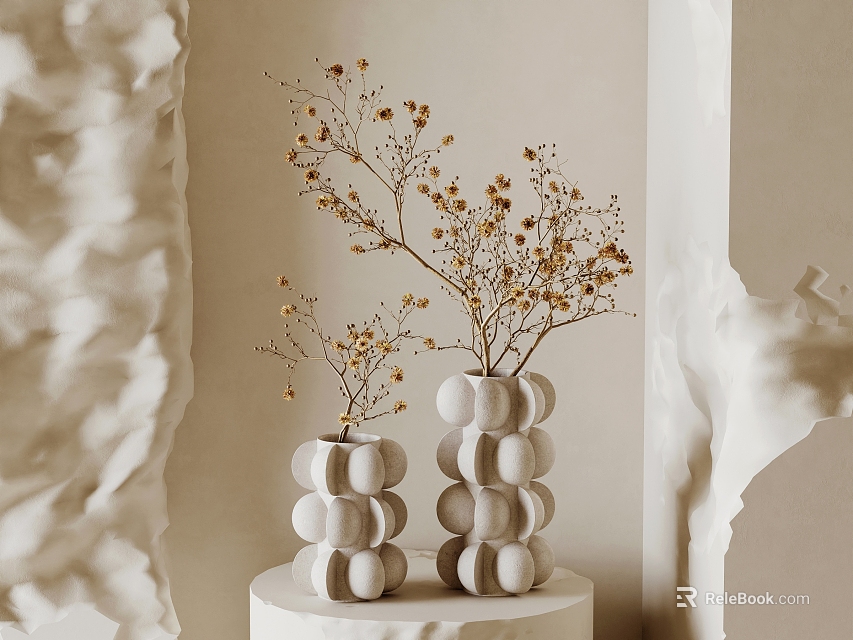 White Stacked Round Vases With Small Yellow Flower Twigs For Interior Decor 3d model 