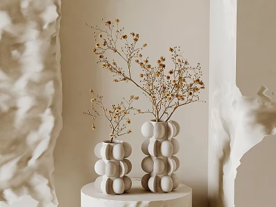 White Stacked Round Vases With Small Yellow Flower Twigs For Interior Decor 3d model