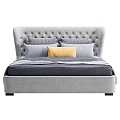 Modern Gray Upholstered Double Bed With Multiple Pillows And Cozy Bedding 3d model