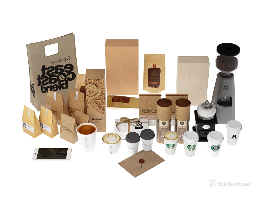 Coffee Kitchenware Collection With Paper Packaging Coffee Grinder And Paper Cups 3d model