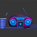 Vibrant Pink Blue Boombox Speaker with Blue Cup Notebook CD Cases and Accessories