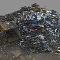 Pile of Mixed Waste Metal Scraps Plastic Paper Near Stone Wall With Blue Plate Grid