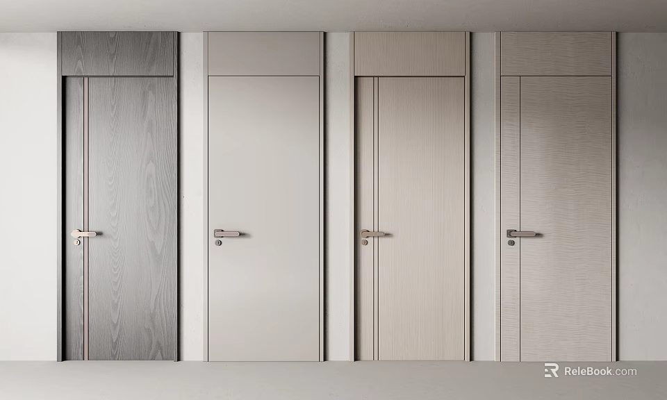 Modern Hinged Doors In Various Wood Grain Tones With Metal Handles 3d model 