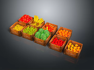 Wooden Display Shelves with Various Fresh Fruits Arranged in Retail Store Setting 3d model