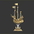 Elegant Golden Decorative Sailboat Model with Flags Gemstone Accents and Crystal Base
