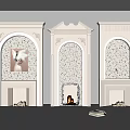 Three White Arched Fireplaces With Patterned Wallpaper Burning Flame Side Painting Firewood Stack Interior Design 3d model