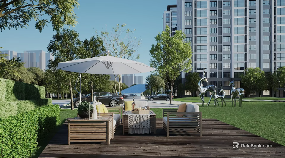 Elegant Residential Landscape With Wooden Deck Outdoor Furniture White Umbrella And Green Trees 3d model 