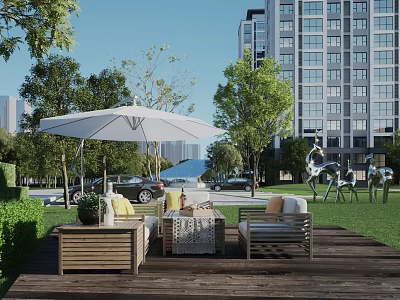 Elegant Residential Landscape With Wooden Deck Outdoor Furniture White Umbrella And Green Trees 3d model