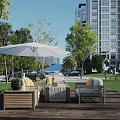 Elegant Residential Landscape With Wooden Deck Outdoor Furniture White Umbrella And Green Trees