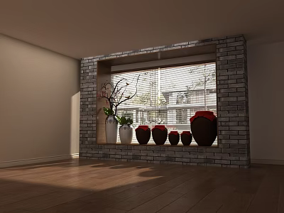 Brick Wall Window With Blinds And Windowsill Decorated With Vases And Plant 3d model