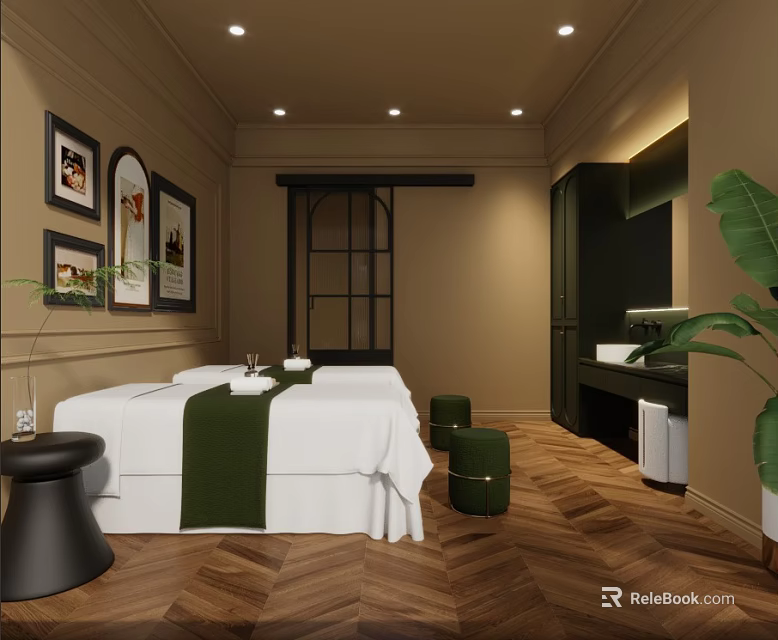SPA Sauna Interior with Massage Beds Green Towels Wooden Flooring Wall Art Plants and Washbasin 3d model 