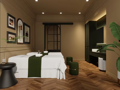 SPA Sauna Interior with Massage Beds Green Towels Wooden Flooring Wall Art Plants and Washbasin 3d model