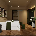 SPA Sauna Interior with Massage Beds Green Towels Wooden Flooring Wall Art Plants and Washbasin