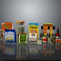 Assorted Packaged Food Products With Cereal Boxes Coffee Canister Spices And Canned Goods