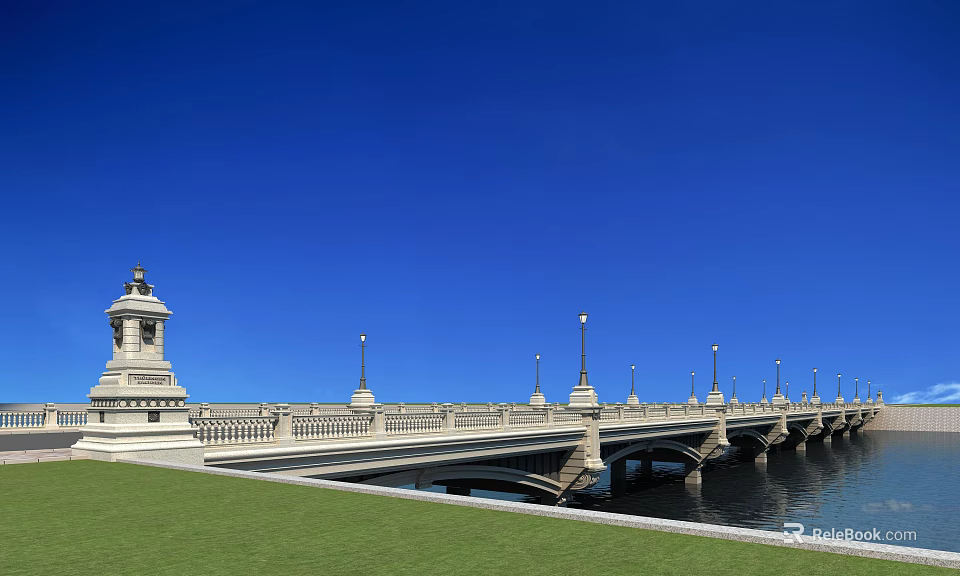 Scenic Bridge With Decorative Tower Lamp Posts And Green Grass Over Water Under Blue Sky 3d model 