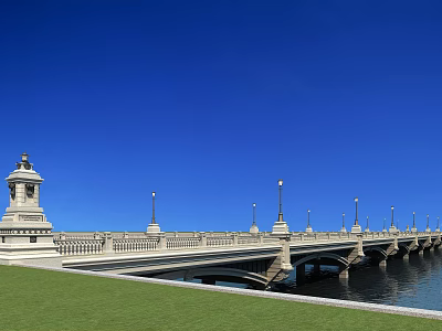 Scenic Bridge With Decorative Tower Lamp Posts And Green Grass Over Water Under Blue Sky 3d model