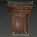 Ancient Architecture Wooden Door With Traditional Carved Roof Red Decorations And Stone Base