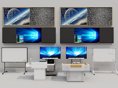 Modern Teaching Space With Multiple Digital Screens Whiteboards And Control Desks 3d model
