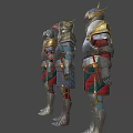 Shiny Metallic Knight Armors Lined Up With Red Feather Cross Symbol And Golden Accents