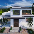 Modern Single Family House With White Exterior Two Story Large Glass Windows And Front Garden