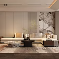 Modern Living Room Interior With Marble TV Wall Wooden Accents Green Plants And Patterned Rug