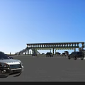 Modern Diamond Design Bridge Structure Over Roadway Vehicles Below Blue Sky 3d model