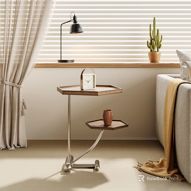 Hexagonal Two Tier Side Table Wooden Top Metal Frame With Clock Vase In Living Room 3d model 