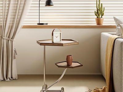 Hexagonal Two Tier Side Table Wooden Top Metal Frame With Clock Vase In Living Room 3d model