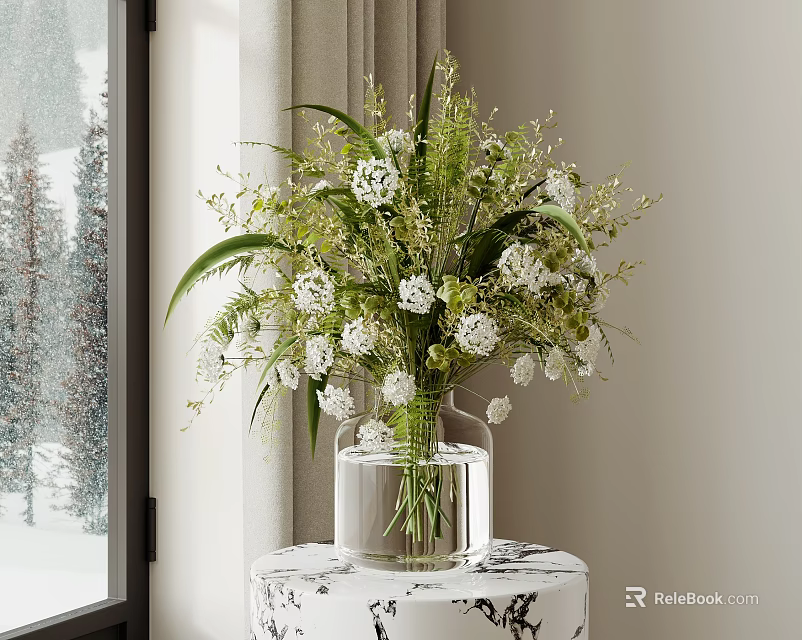 Elegant Glass Vase with White Flowers and Green Foliage on Decorative Table by Snowy Window 3d model 