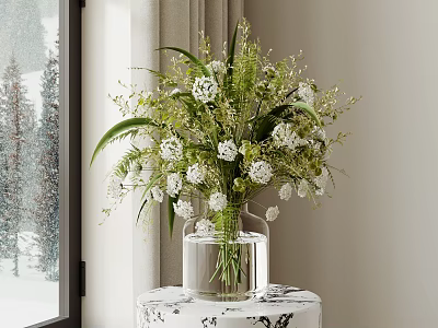 Elegant Glass Vase with White Flowers and Green Foliage on Decorative Table by Snowy Window 3d model