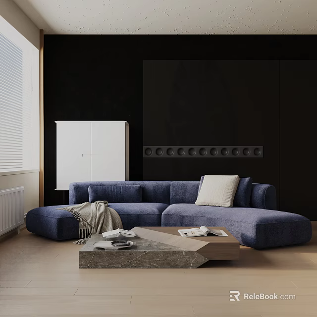 Three-Seater Sofa With White Cushion Gray Blanket Marble Coffee Table Magazines Black Wall White Cabinet 3d model 