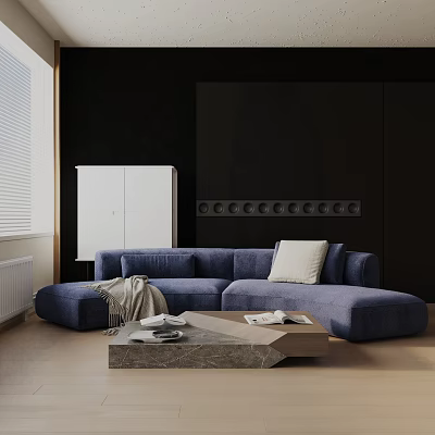 Three-Seater Sofa With White Cushion Gray Blanket Marble Coffee Table Magazines Black Wall White Cabinet 3d model