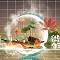 Lakeside Photo Check In Spot With Lotus Flowers Leaves Moon And Misty Boat