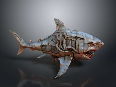 Mechanical Shark Sculpture With Steampunk Metal Gears Red Eyes And Open Mouth 3d model
